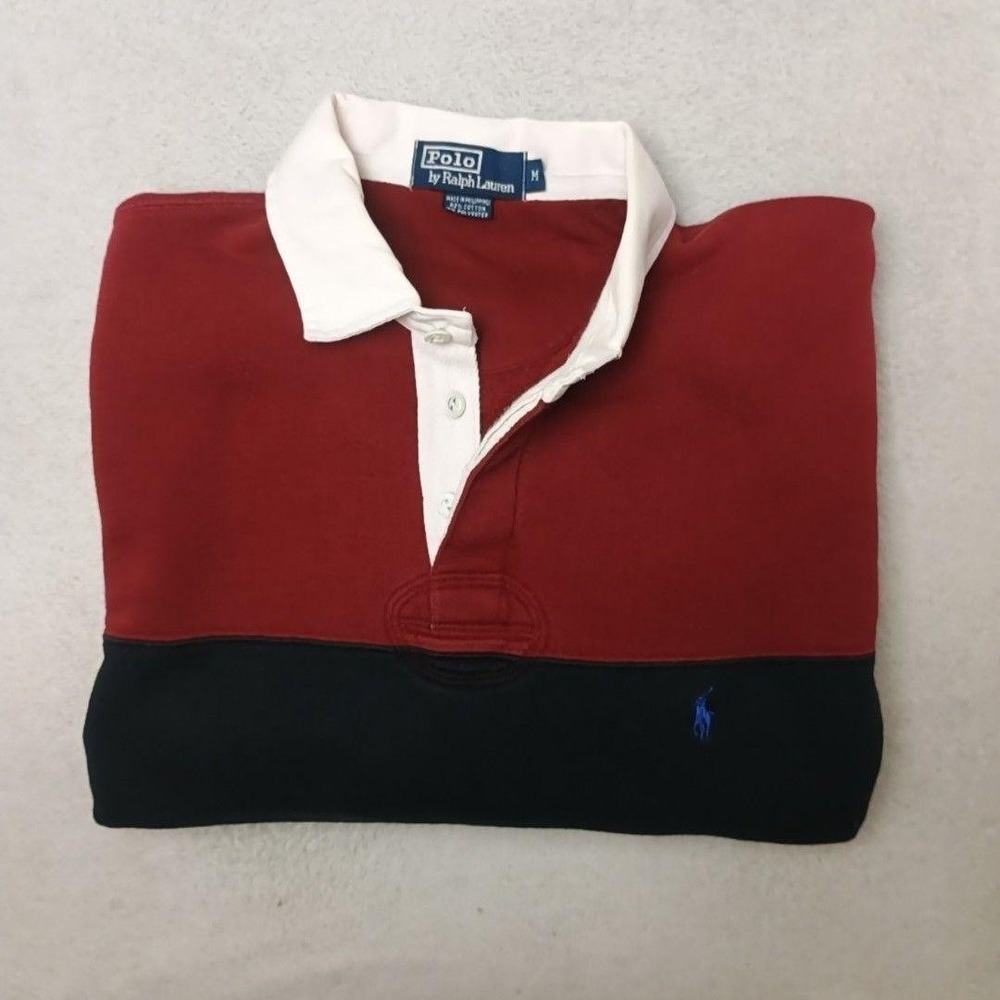 Vintage Polo Ralph Lauren Rugby Polo Mens M Red 90s Colorblock Fleece Sweatshirt